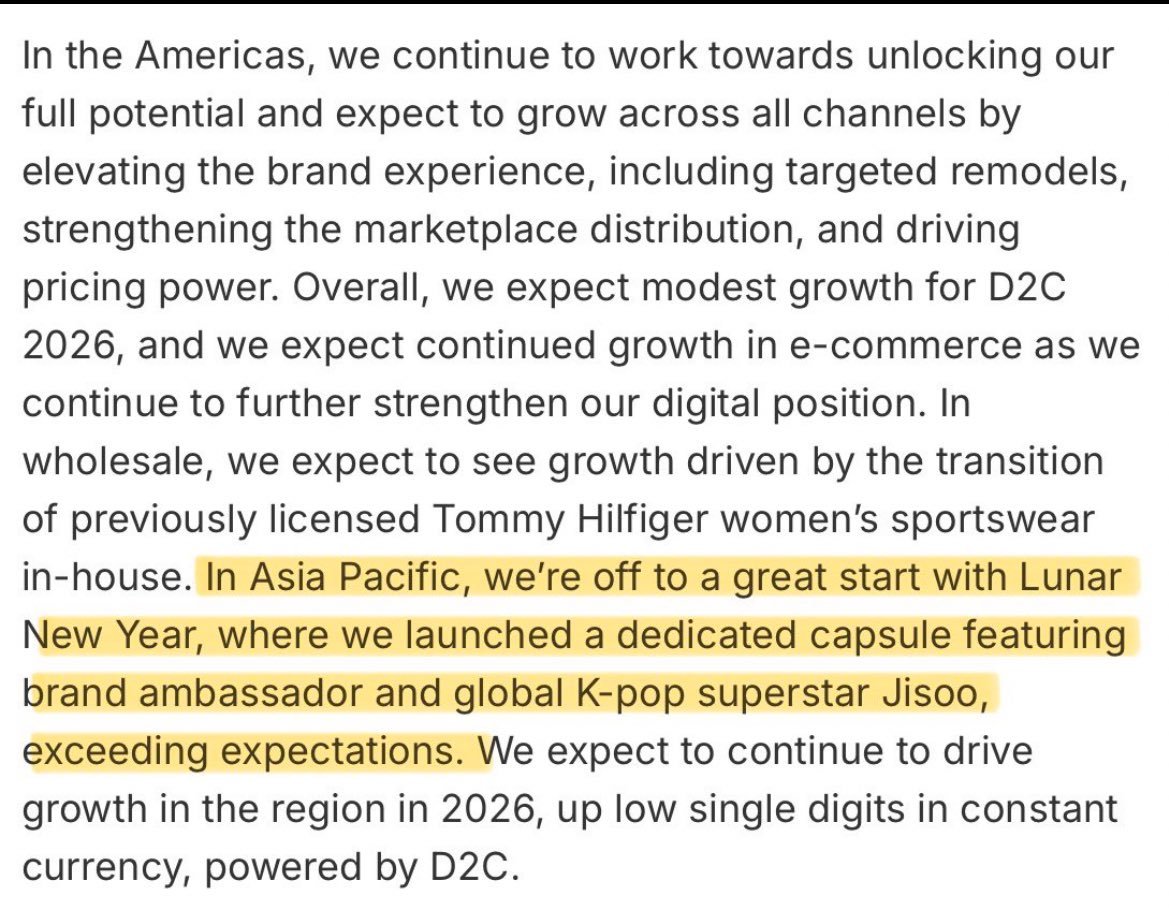 PVH首席执行官宣布，JISOO的Tommy Hilfiger系列产品超出预期，