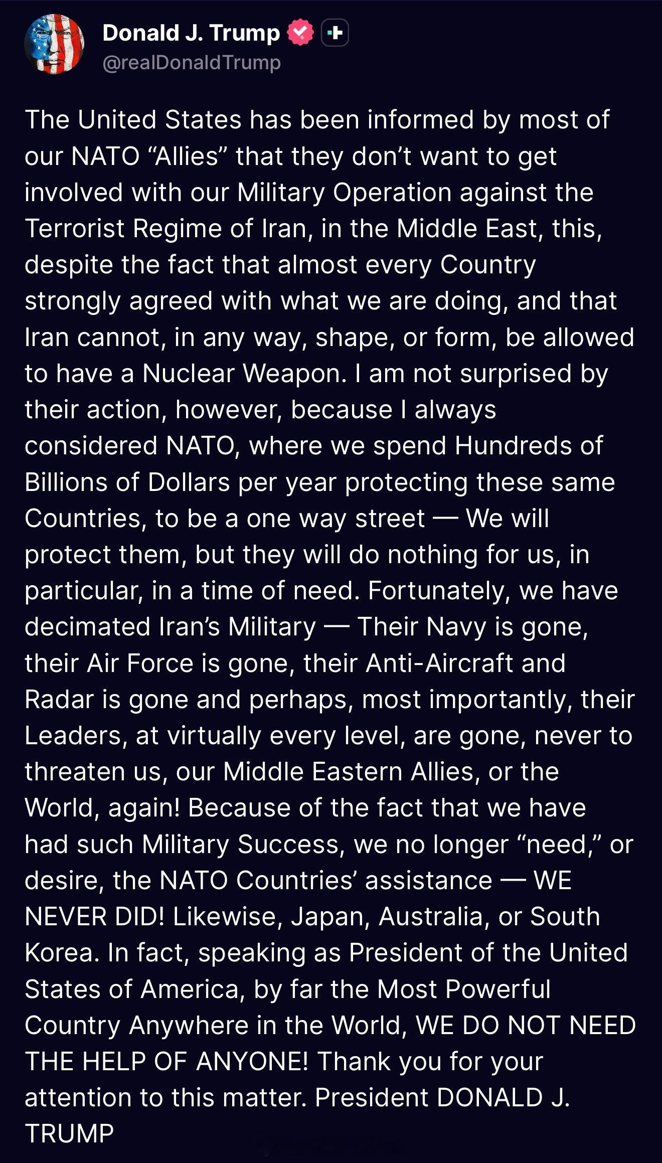 川普：“美国已经从我们的大多数北约“盟友”那里得知，他们不愿意参与我们在中东针对