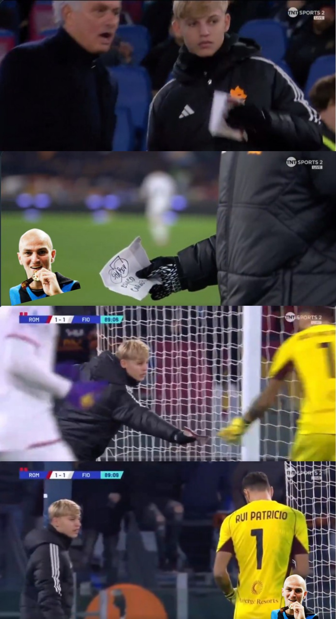卢卡库被罚下时，穆里尼奥让球童给了帕特里西奥一张小纸条，上面标明了防守角球时沙拉
