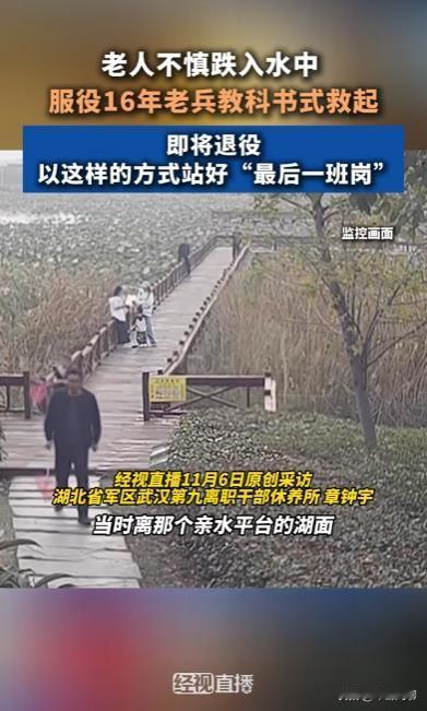 老人不慎落水，退役在即的老兵教科书式救援

11月3日，湖北后官湖湿地公园发生惊