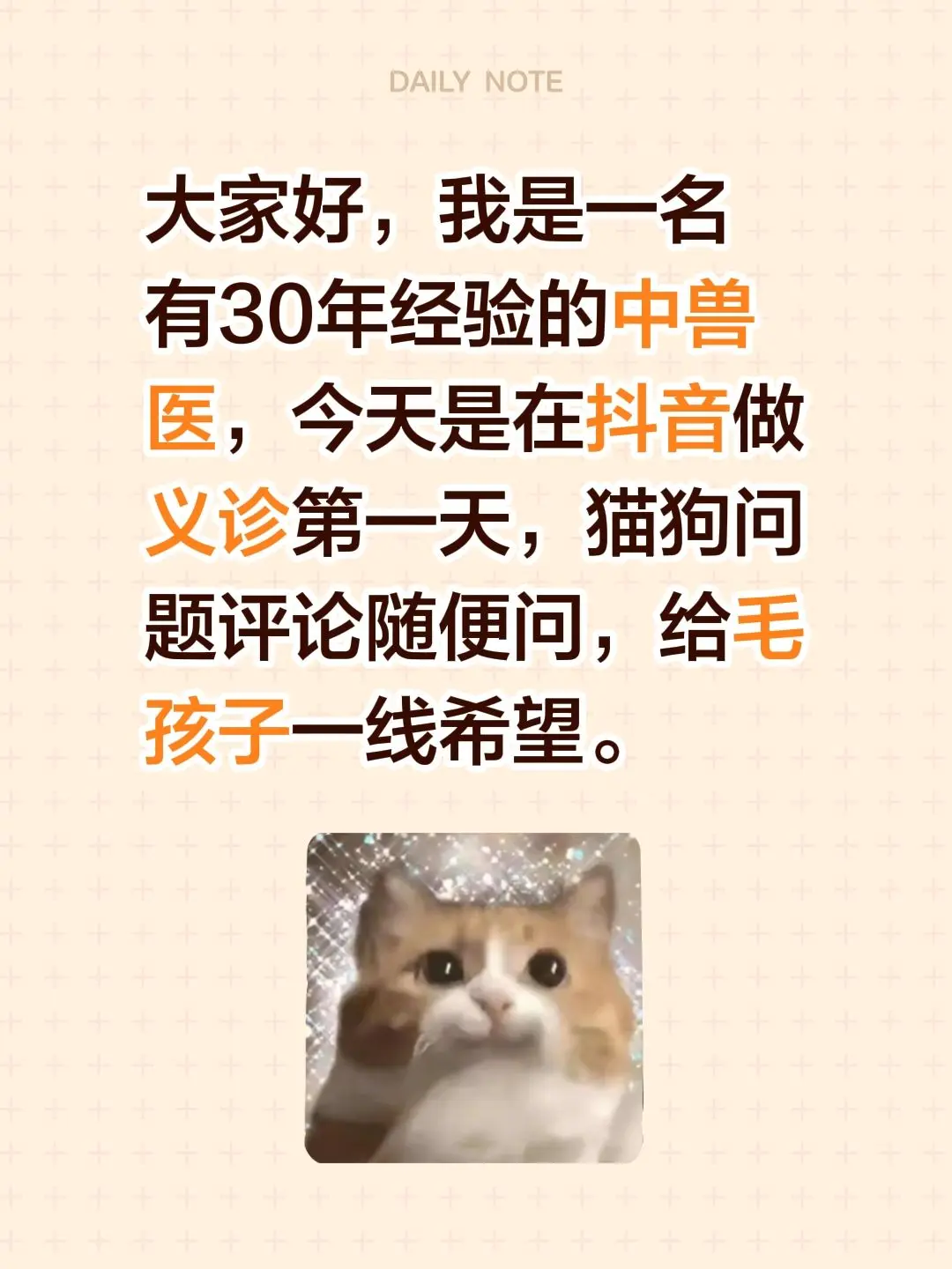 大家好，我是一名有30年经验的中兽医，今天是在做义诊第一天，猫狗问题评...