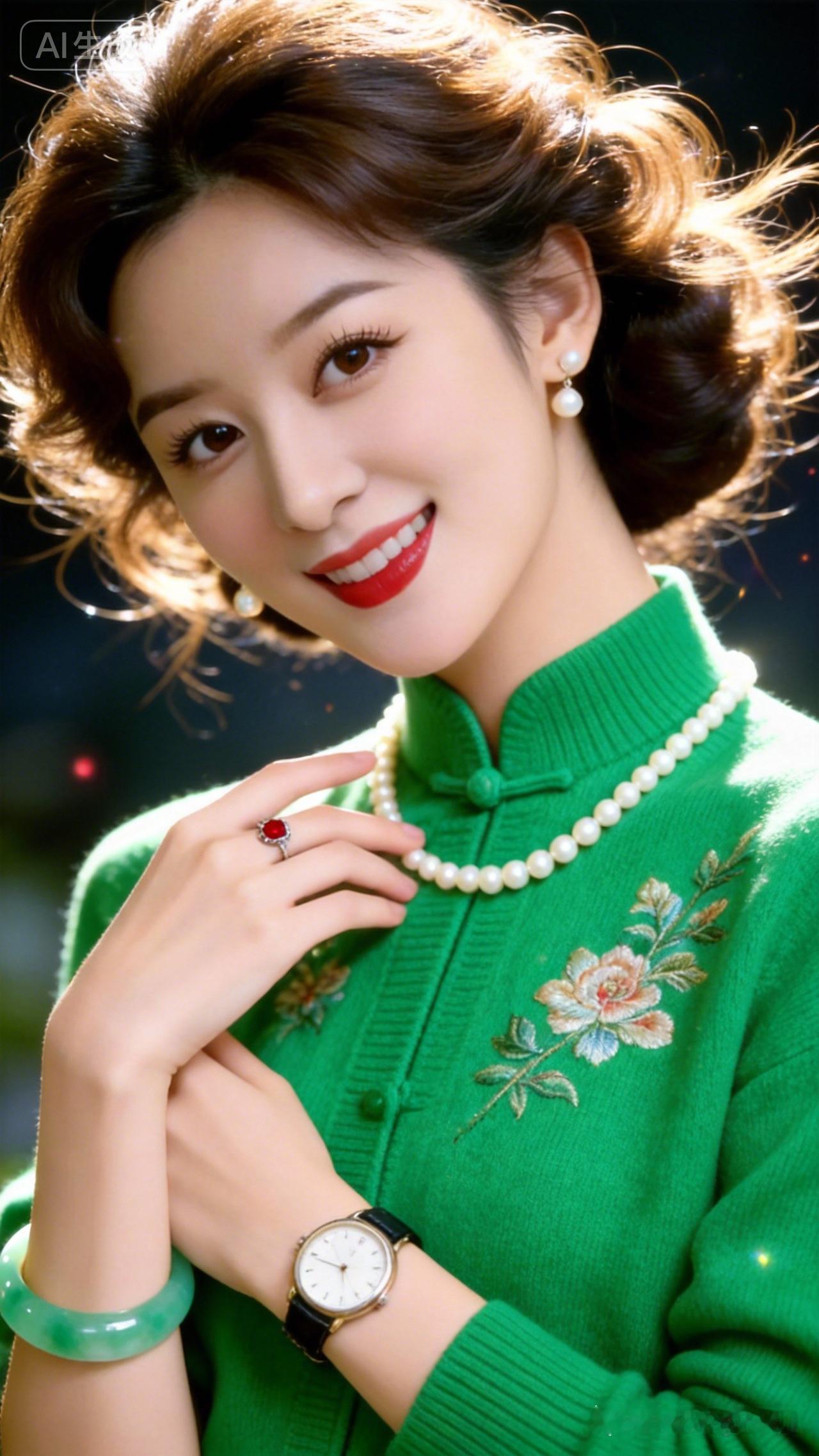 绝色美人肤白细腻，蓬松微卷盘发飘逸，侧身对镜笑靥倾城，着鲜绿对襟绣花羊绒衫，配高