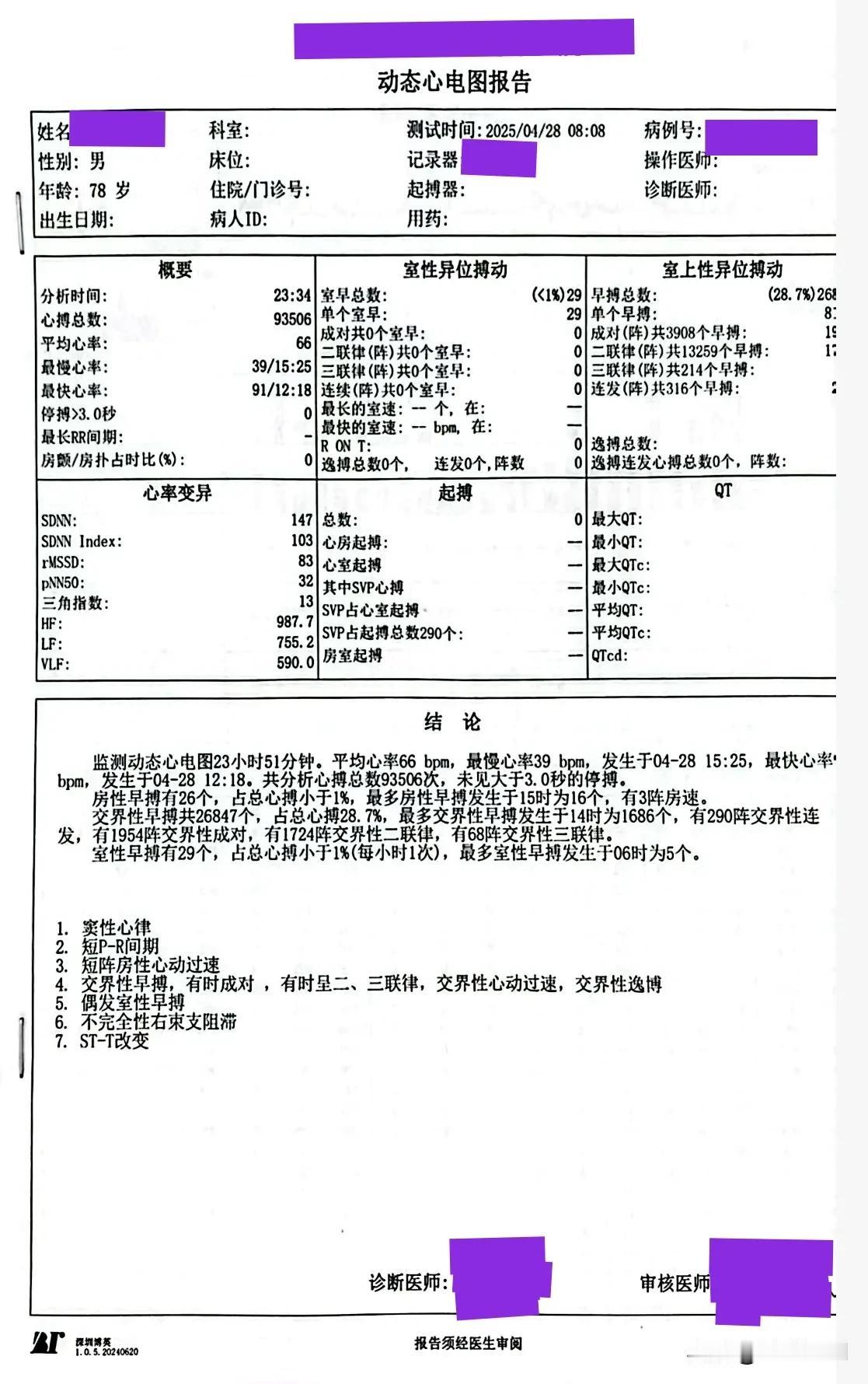 78岁的男性住院患者行动态心电图检查，尽管没有心悸、心跳不适，但动态心电图上可见