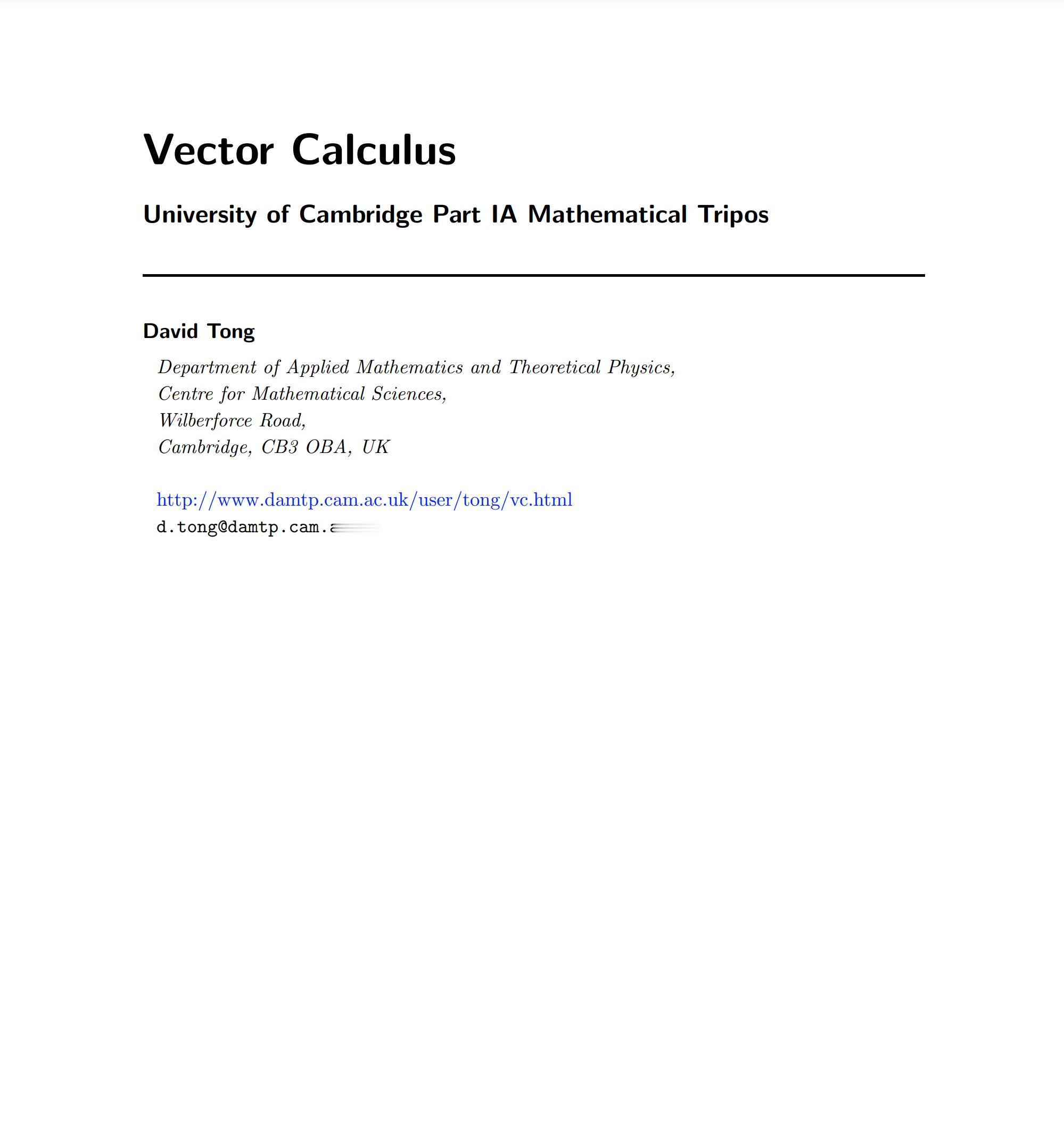 David Tong教授为剑桥大学数学三期课程编写的《向量微积分》讲义。pdf：