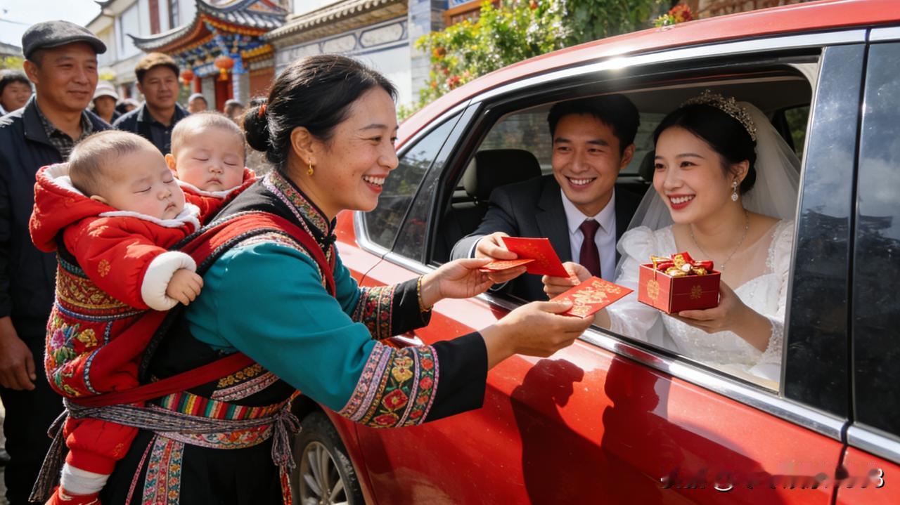 云南街头迎亲的温情互动暖人心。宝妈背龙凤胎拦住婚车，笑着讨要喜糖红包，新人不仅欣
