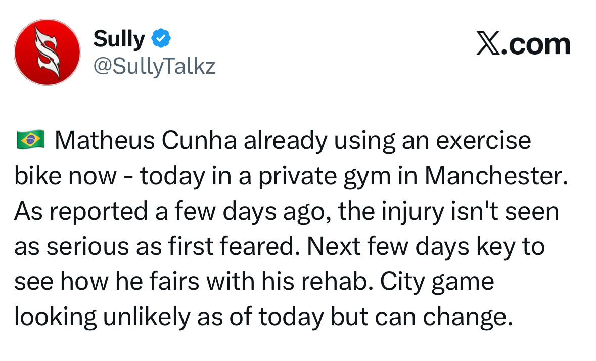Sally说，库尼亚今天在健身房里进行了踩单车训练，伤势并不严重，能不能参加对曼