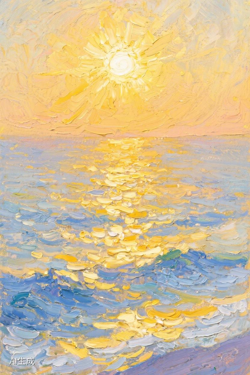 AI随心绘日光倾洒海面，金色波纹摇曳，那是时光流淌的诗，藏着无尽的静谧与启迪✨