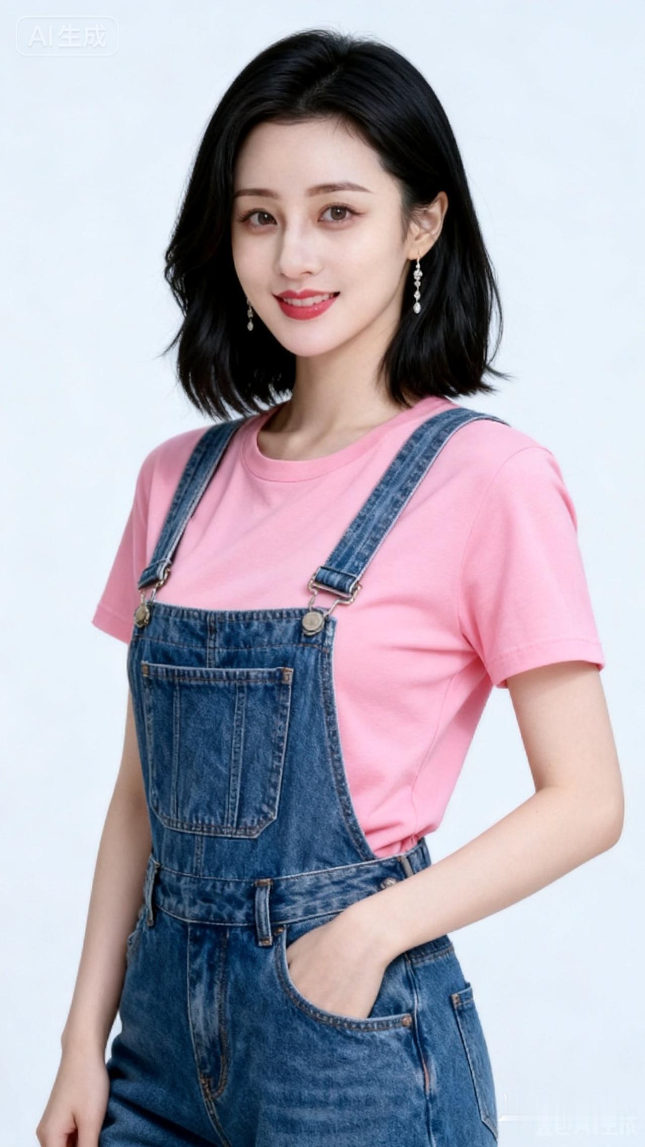 穿粉色T恤和牛仔背带裙的漂亮女孩。