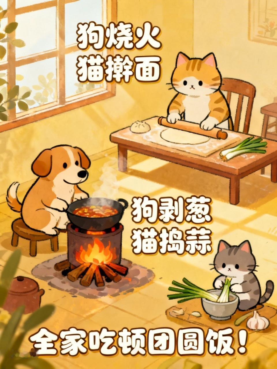 最古老的儿歌

狗烧火猫擀面，
猫剥葱狗捣蒜。
全家吃顿团圆饭！