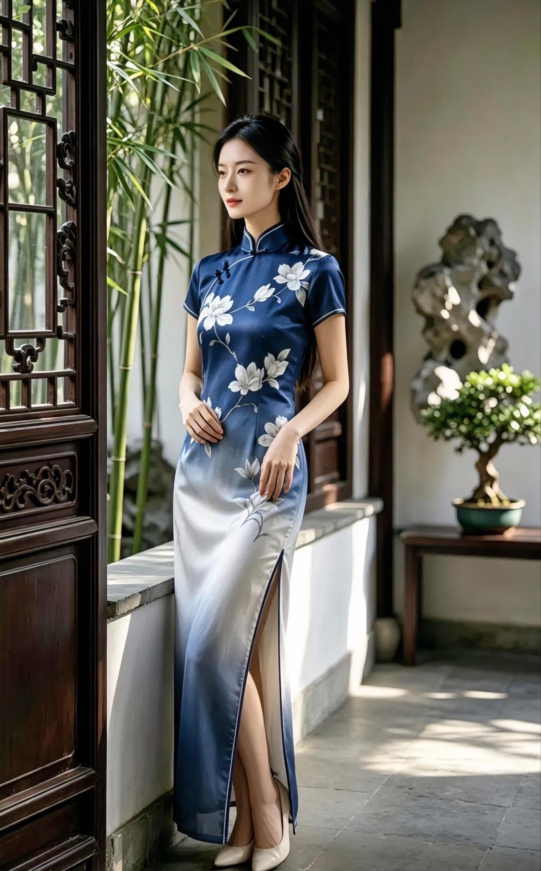 蓝白染衣裳，

玉兰静静开。

竹影摇廊下，

你立在光来。

石畔盆景小，
