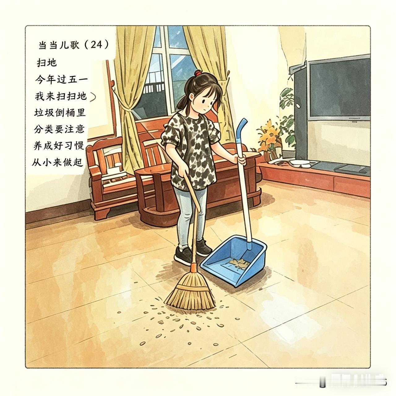 当当儿歌（24）

《扫地》

今年过五一，
我来扫扫地。
垃圾倒桶里，
分类要