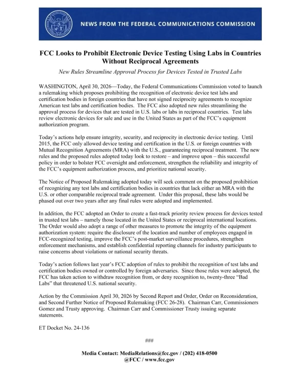 突发！FCC全票通过拟全面禁止中国实验室检测认证
 
美东时间2026年4月30