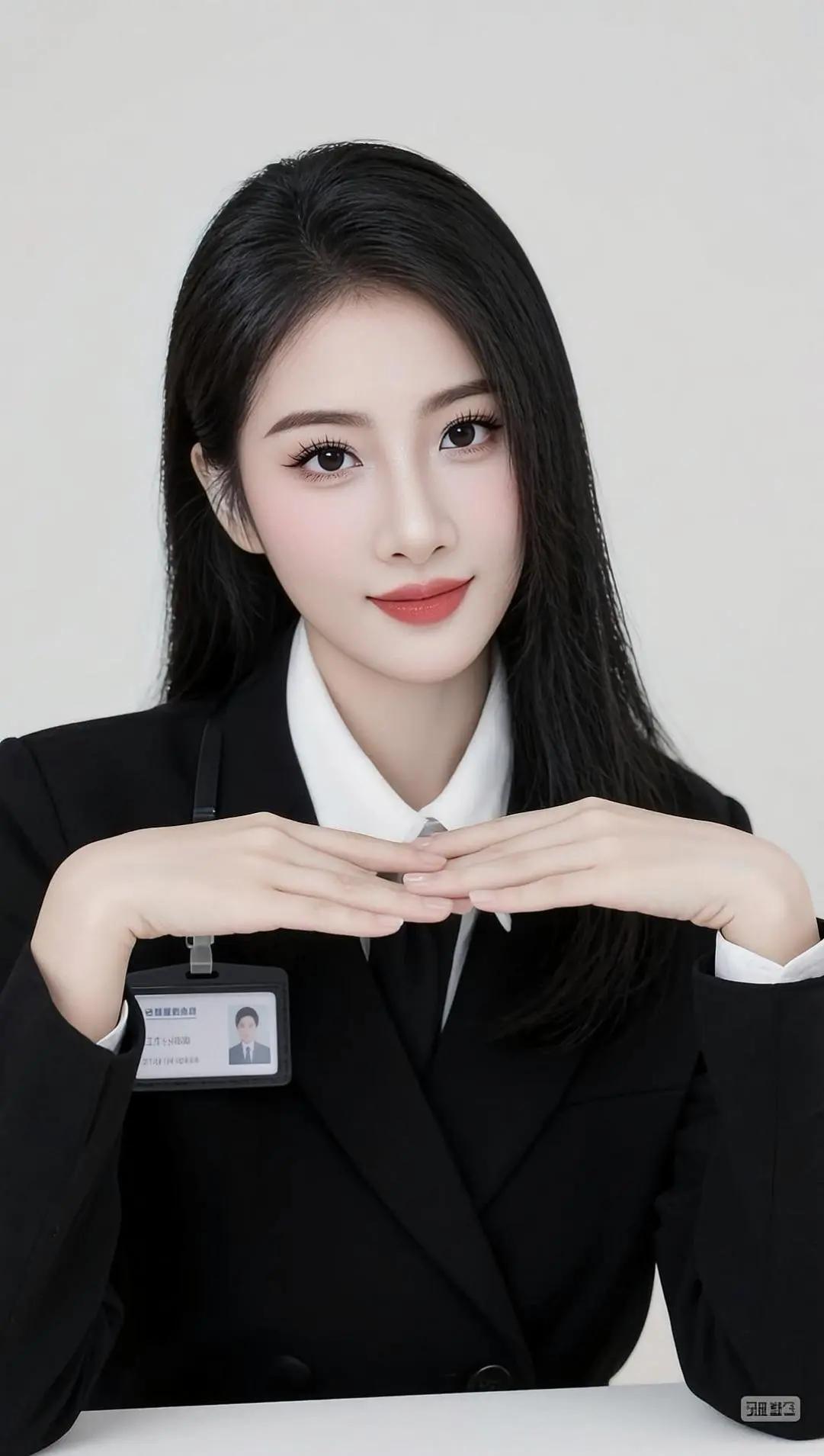 职场都市丽人的魅力甜美微笑，黑西装白衬衫，气质满分！😊✨