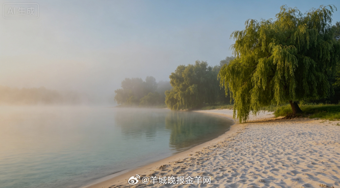 #早安# 盛夏清晨薄雾轻柔，澄澈湖水衬着细腻白沙，岸边丛生翠绿垂柳随风轻摆。沿着