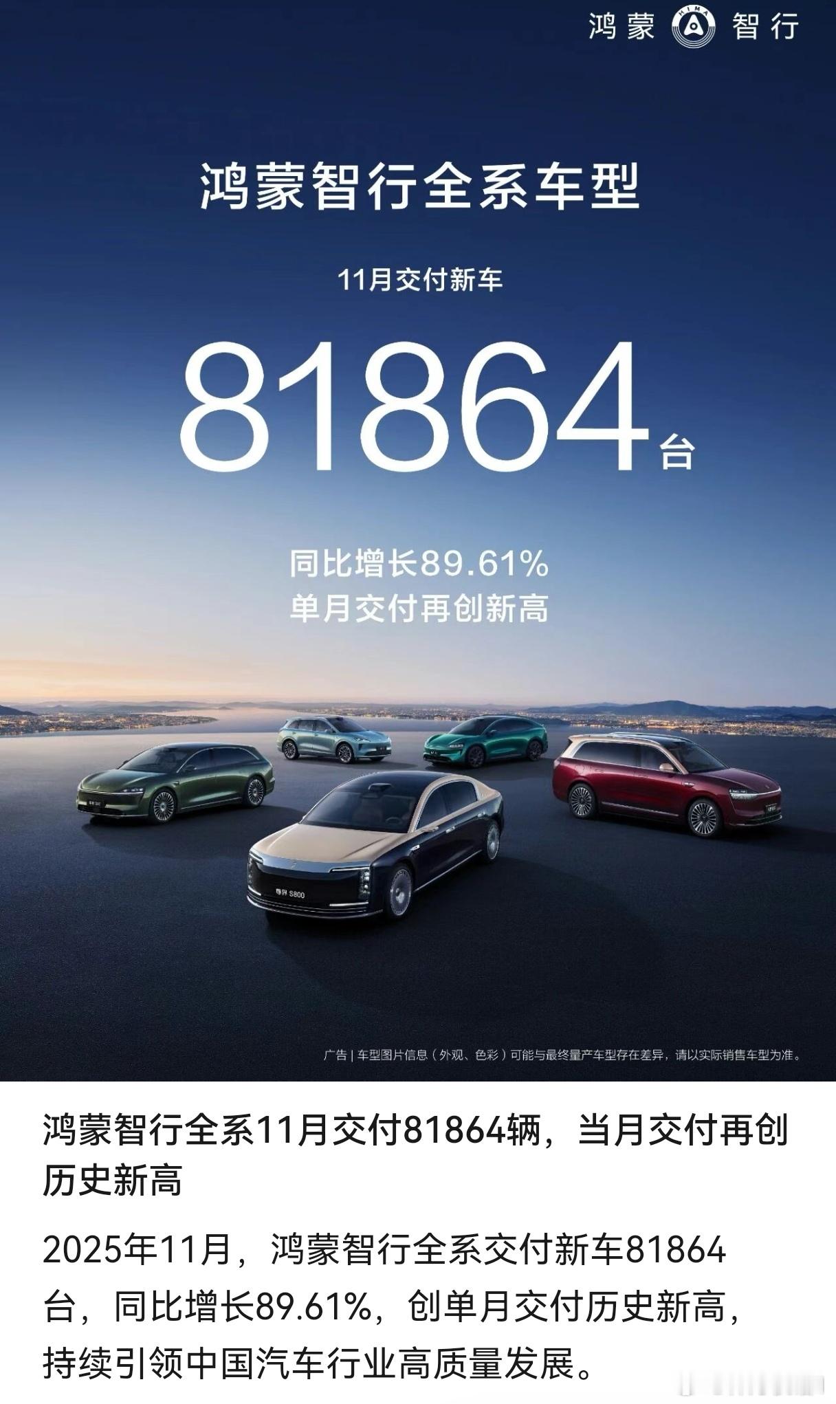 太牛逼了！华为鸿蒙智行11月全系交付81864台！同比增长89.61%，销量登顶