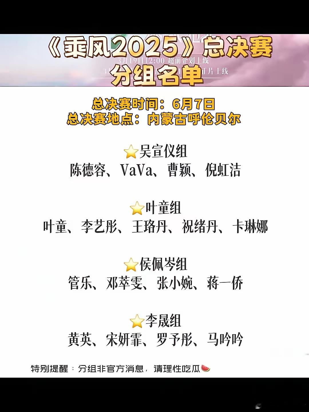 只是网传的分组，没有准确消息。浪姐6剧透，总决赛分组名单🥳6月7日直播吴宣仪组