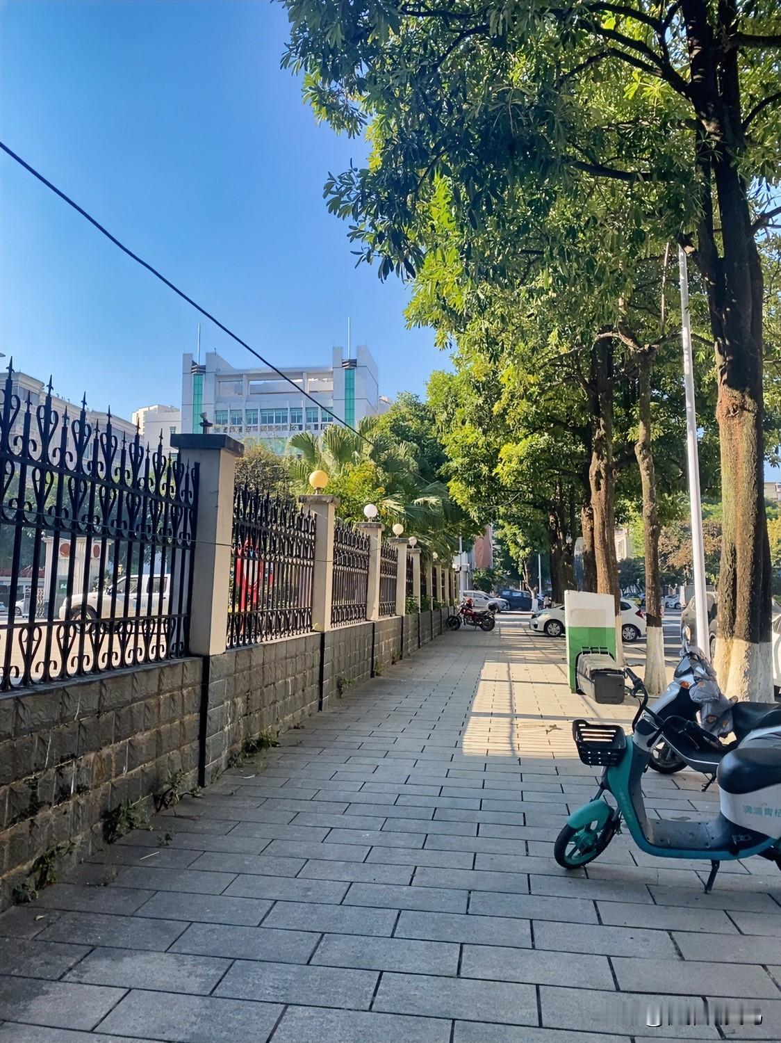 路上没什么人，就看见几辆电动车停在路边，远处还有车慢悠悠开着。天蓝得跟洗过似的，