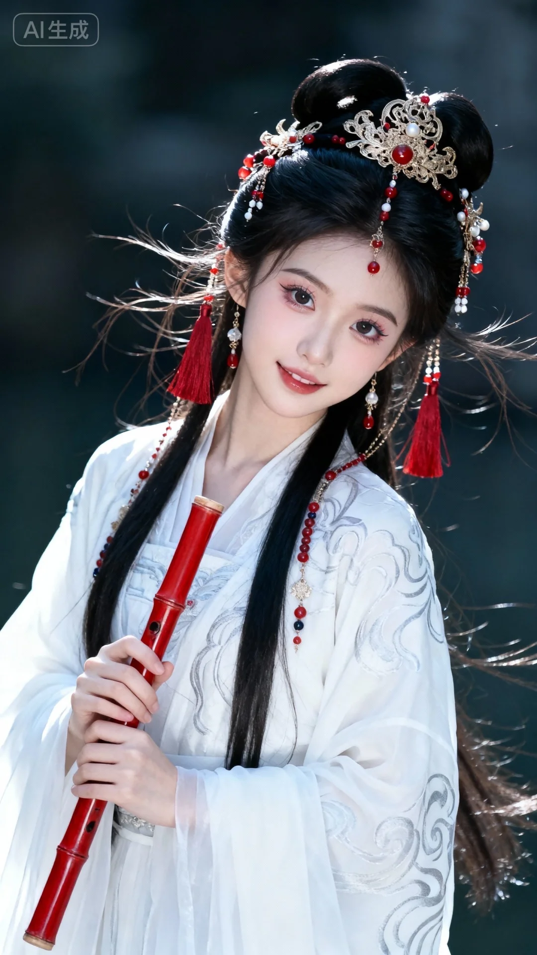 真实摄影，亚洲美少女薇薇，黑色长发（梳有古典发髻），佩戴华丽的中式头饰（带有金属