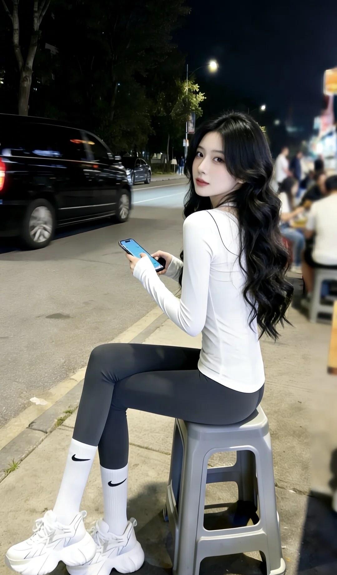 夜晚街头的时尚女孩，手机相伴，享受宁静时光。