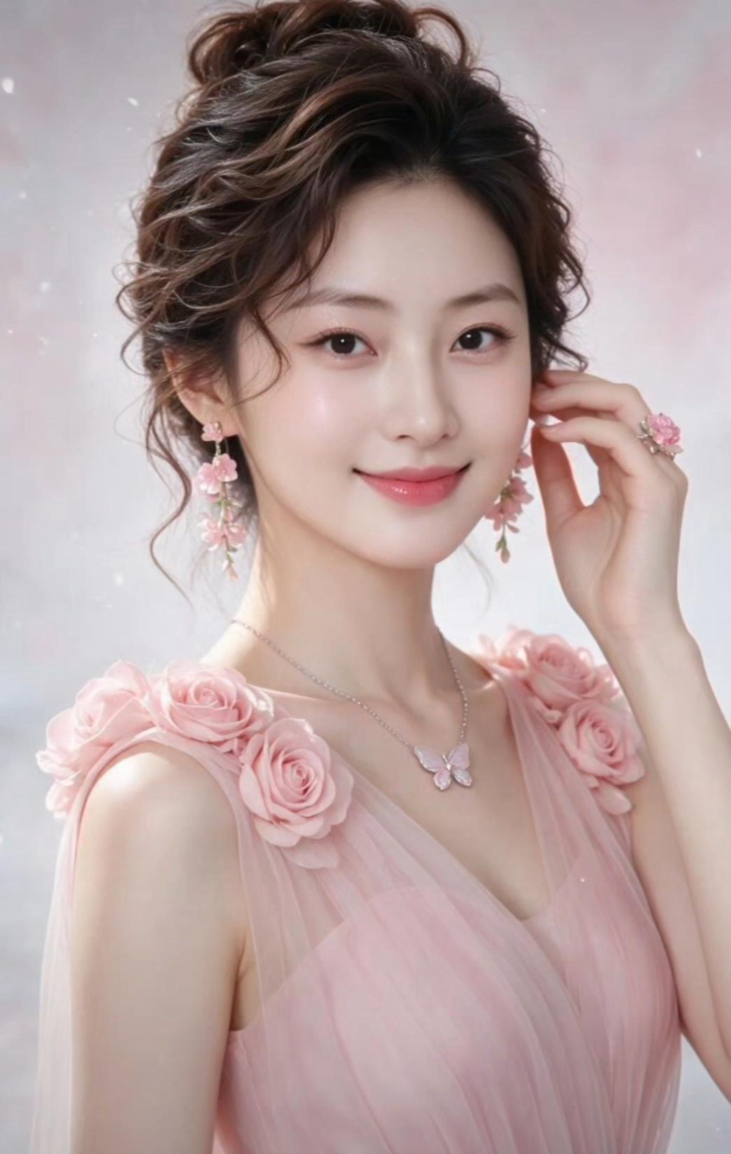温柔粉裙少女，甜美笑容，花环耳饰，梦幻仙境