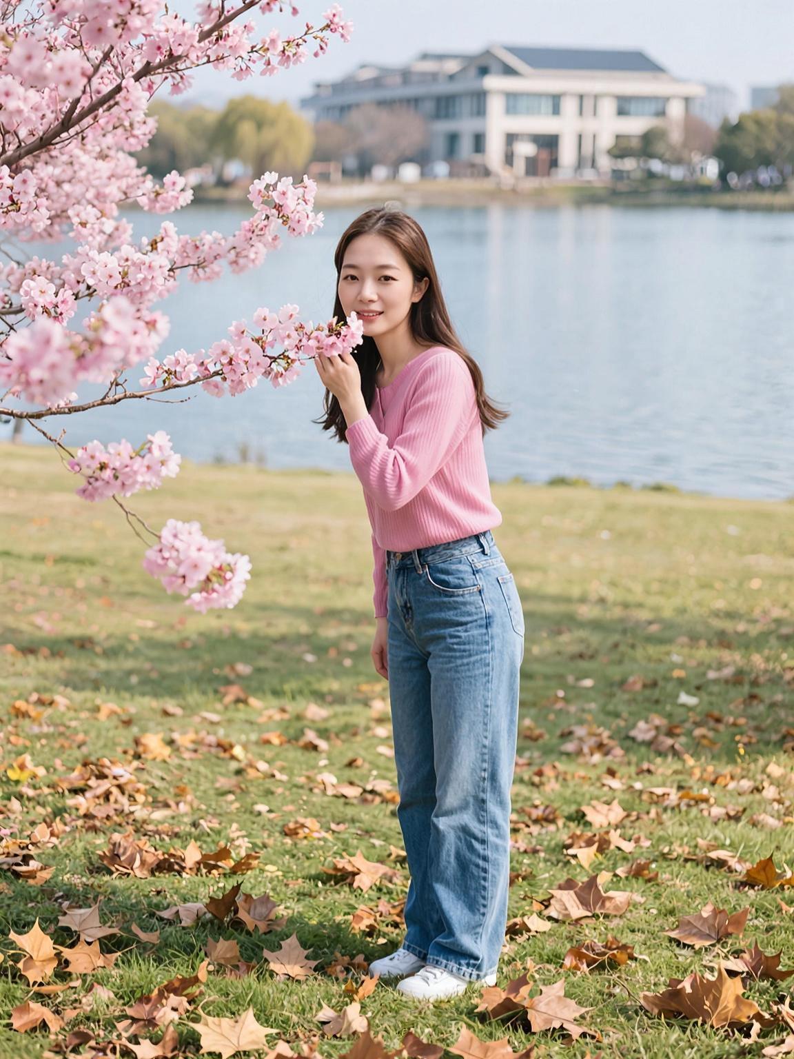 AI湖畔赏樱照 甜系女孩 高级脸甜妹风祝君新年好运来