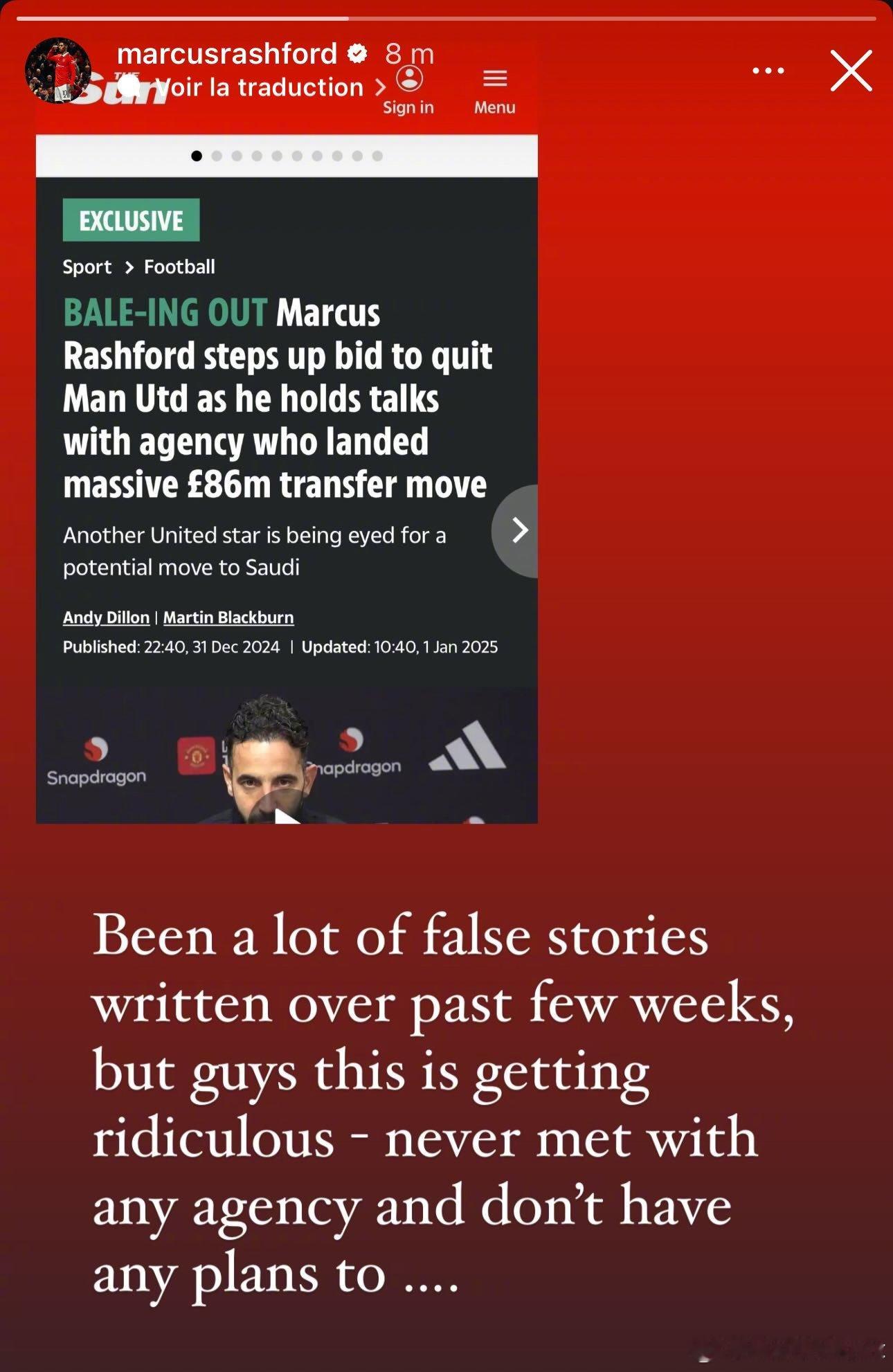拉什福德Instagram发文辟谣。 ManUtdspot[超话]    