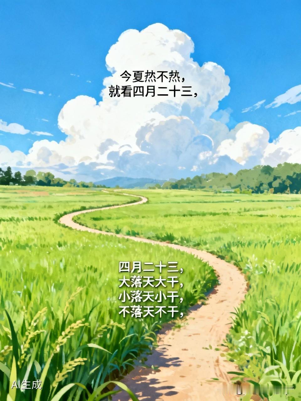 今天是四月二十三民间俗语有
- 今夏热与否，且看四月二十三
​
- 四月廿三如伏