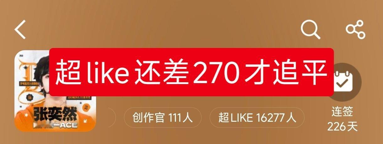 还差270个才能追平昨天，去超话搜“差”“求”“捞”“超like”捞，或者在最新