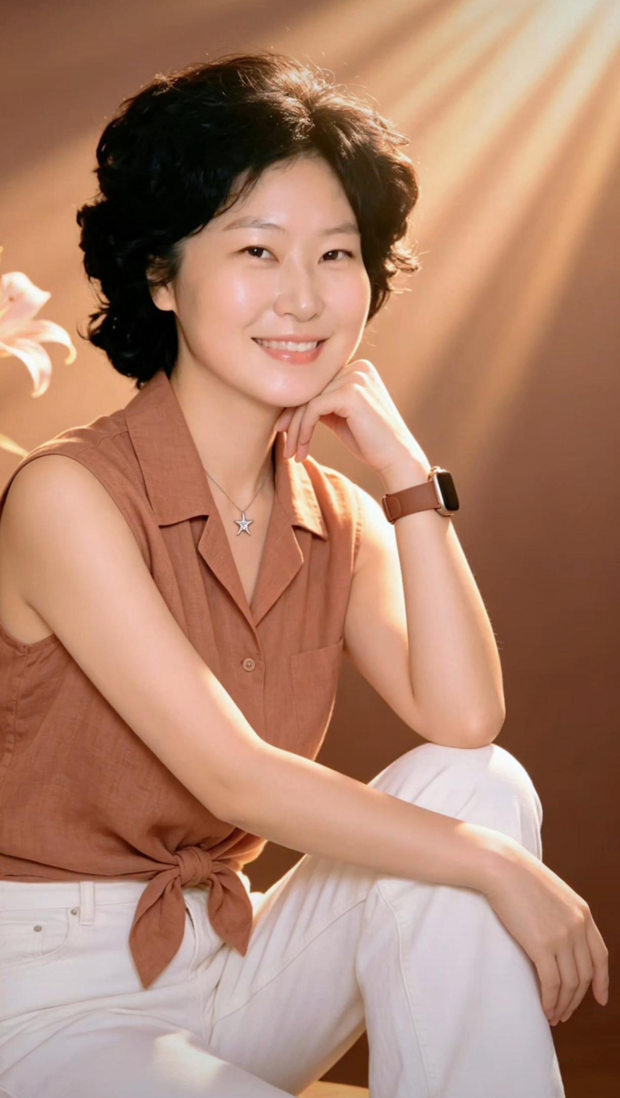 这是一位微笑的女士，阳光照在她身上。