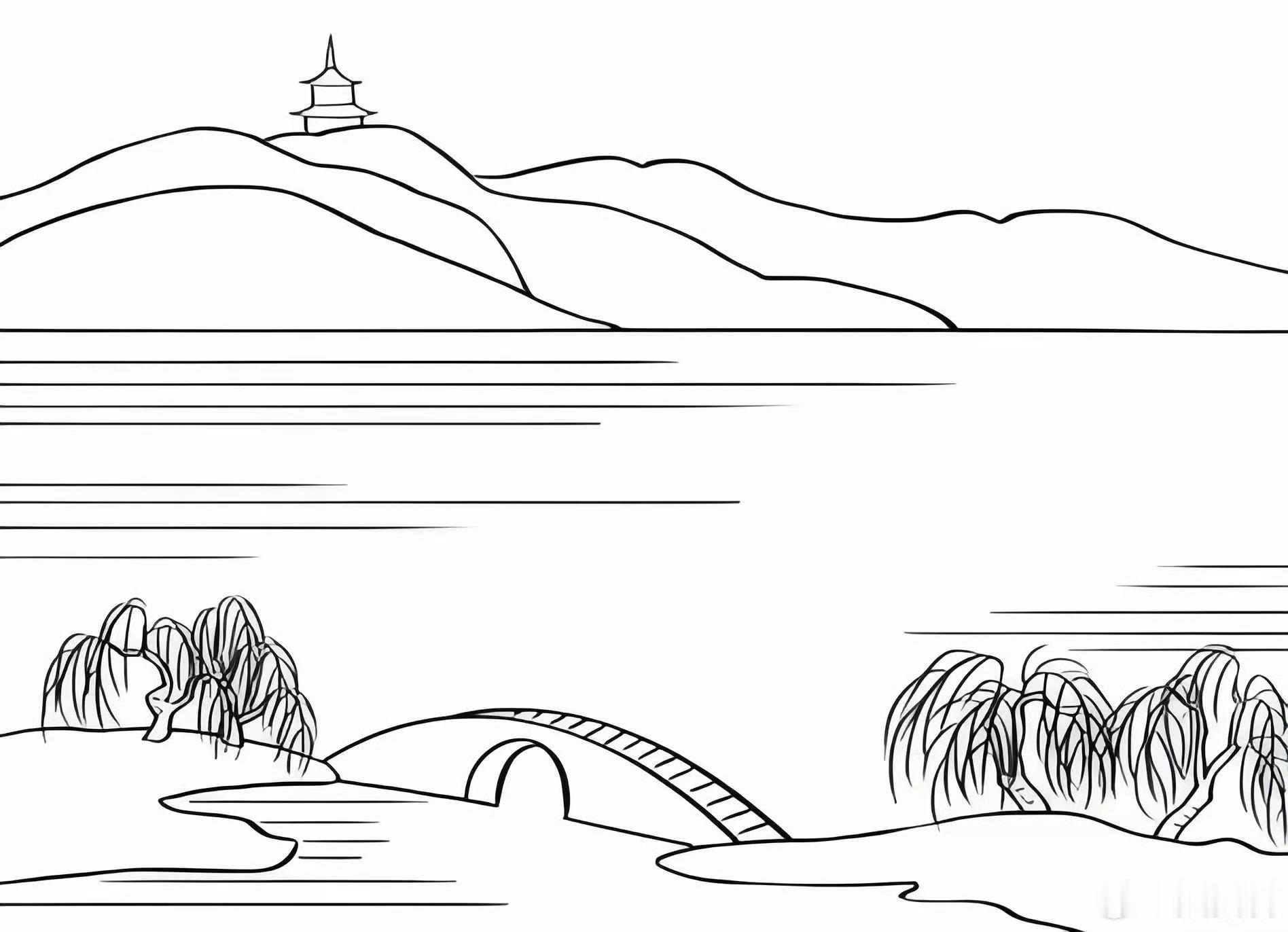 山水简笔画。一张纸一杆笔，闲来无事，画几笔，时间一长，你也会成为一个有才艺的人。