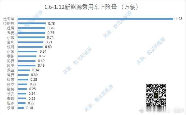 1.6-1.12新能源上险量：1. 比亚迪2. 特斯拉3. 理想4. 五菱 5.