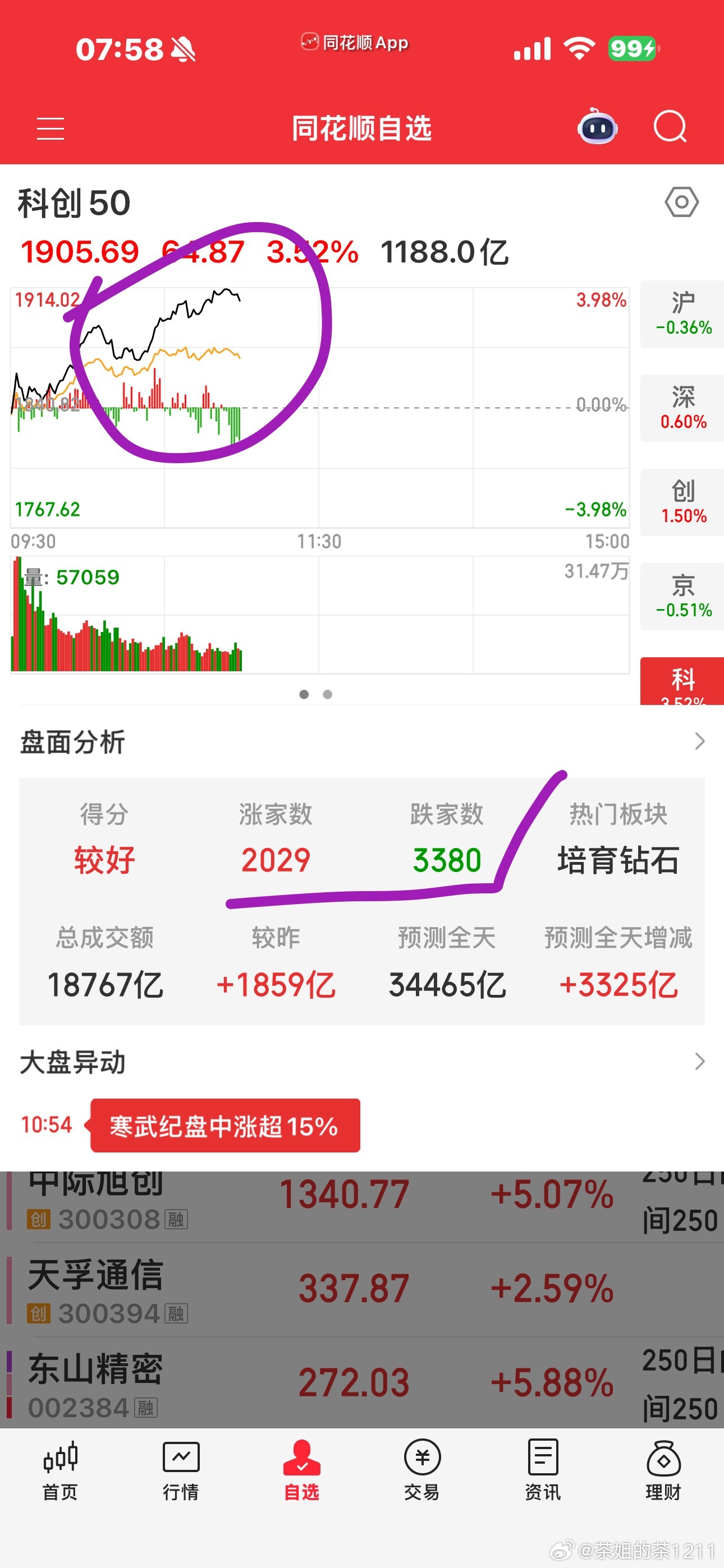 科创又创新高了但是，看了一眼，今天绿盘的3380家茅子新低，真的是，下跌图中的每