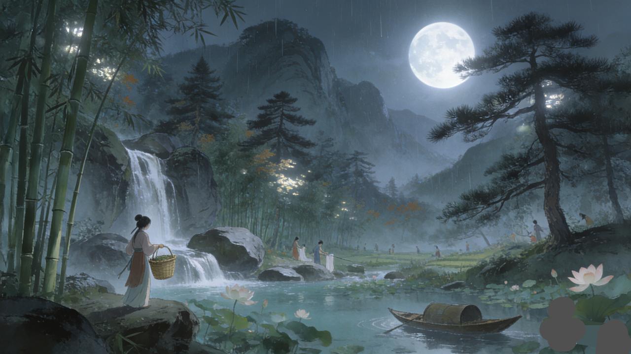 空山新雨后，天气晚来秋。
明月松间照，清泉石上流。
竹喧归浣女，莲动下渔舟。