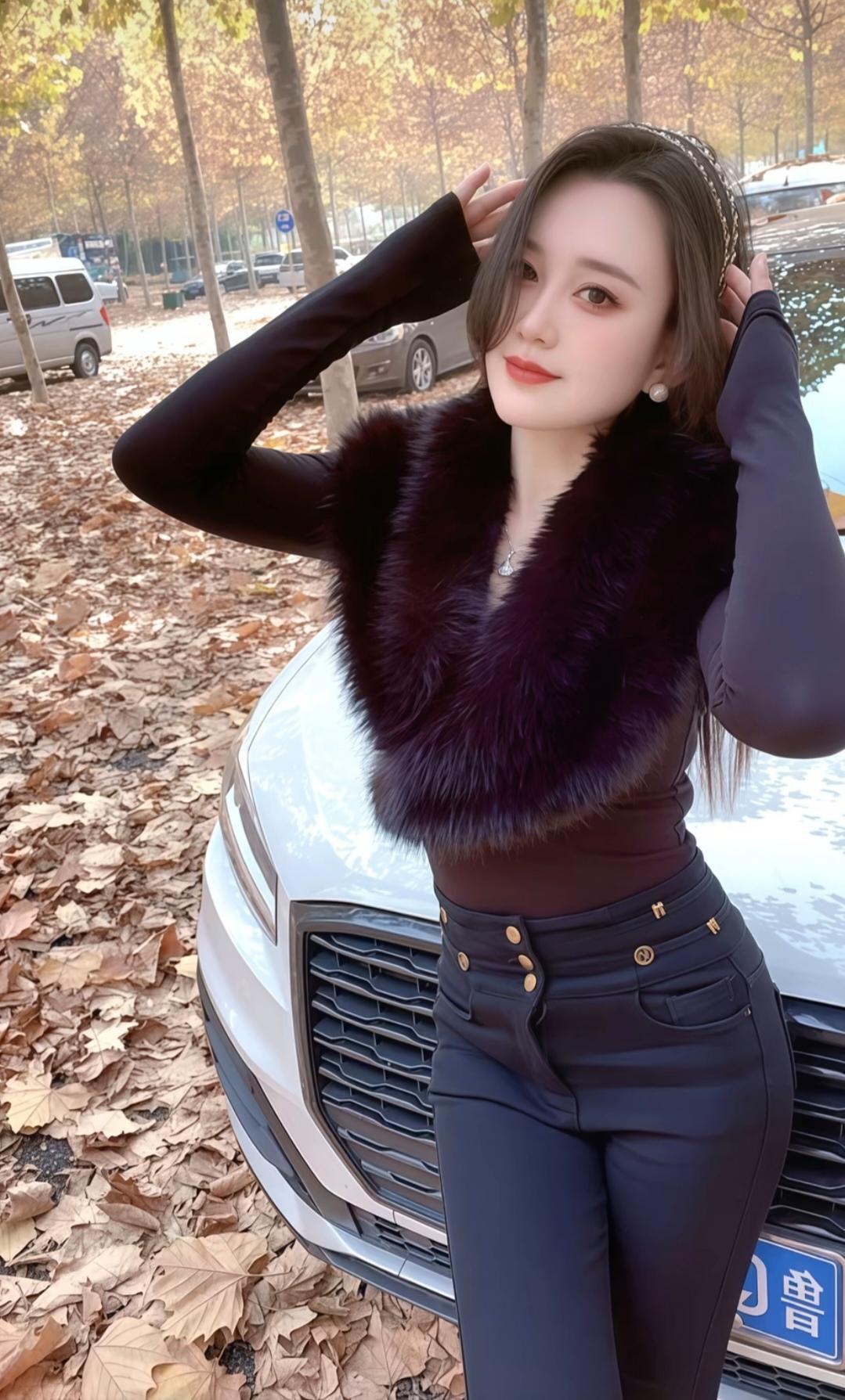 这姑娘穿着皮草外套，站在车前摆姿势。