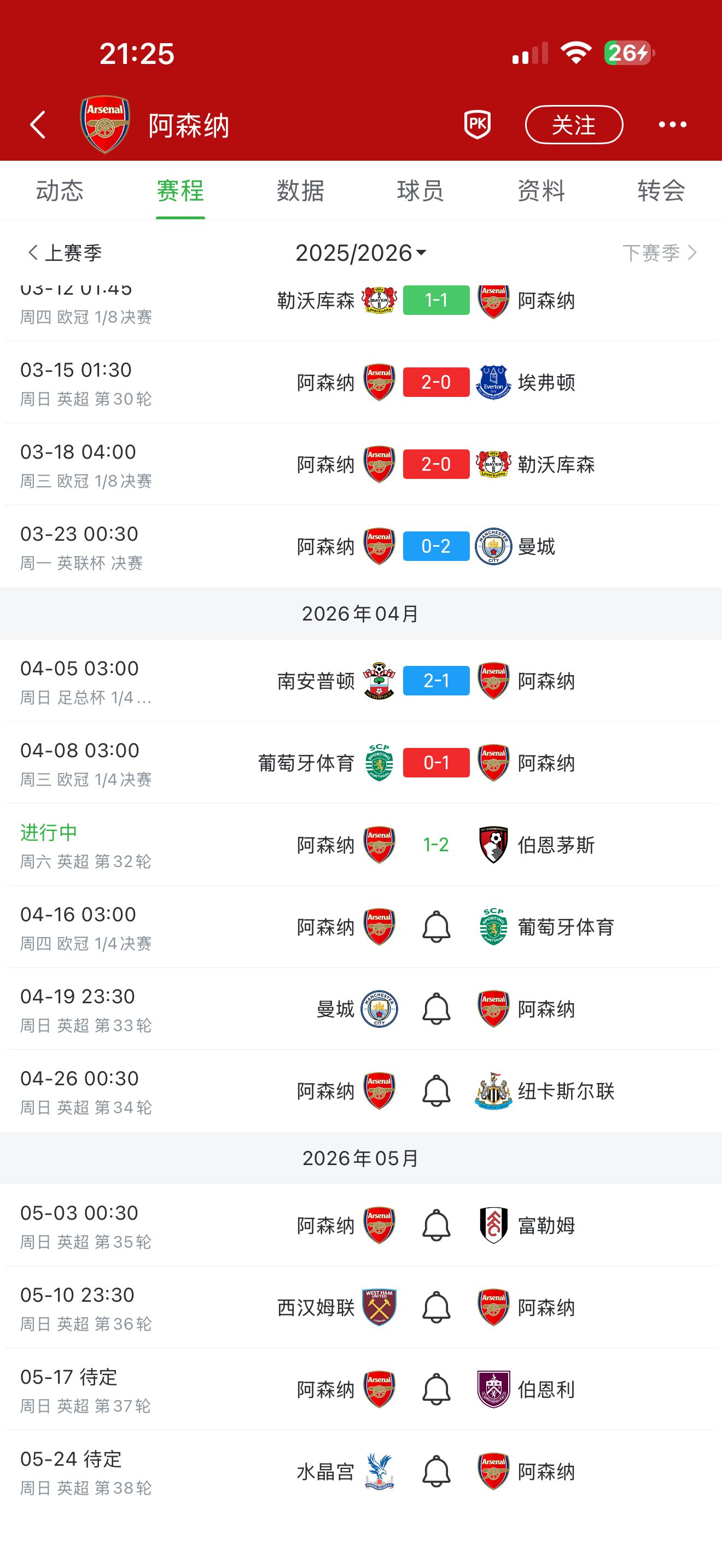 阿森纳随后赛程 