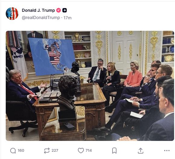 1月20日，有人瞧见特朗普P图，将格陵兰岛、加拿大和委内瑞拉都划入了美国版图，美