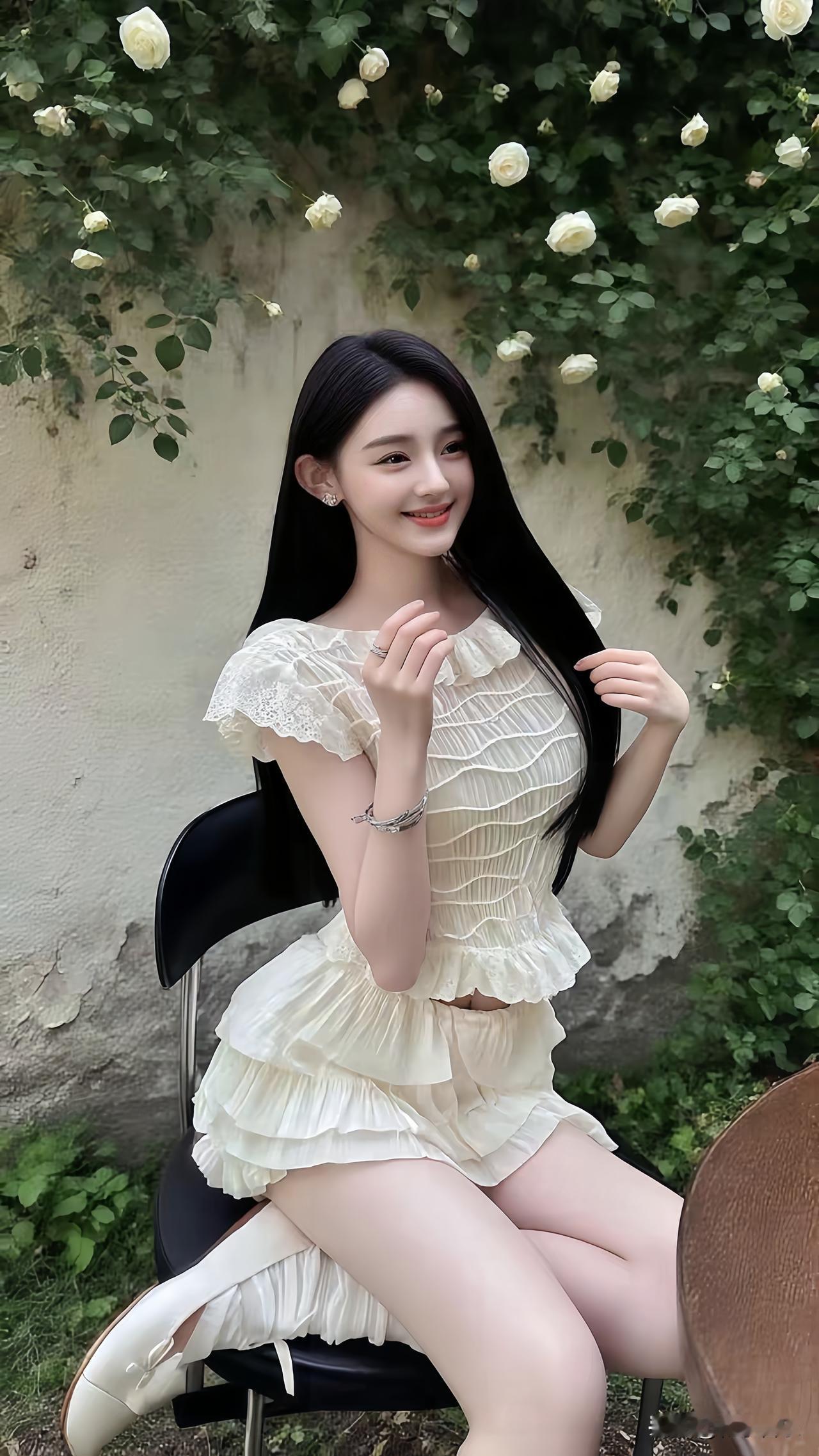 夏日甜美穿搭，白色荷叶边连衣裙，搭配白色高跟鞋，清新自然，妥妥元气少女感。分享你