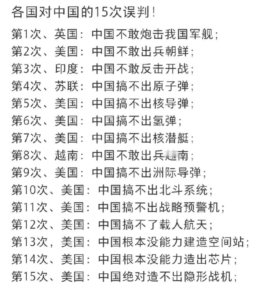 各国对中国🇨🇳的15次误判！
其中美国11次，英国、印度、苏联、越南各1次。
