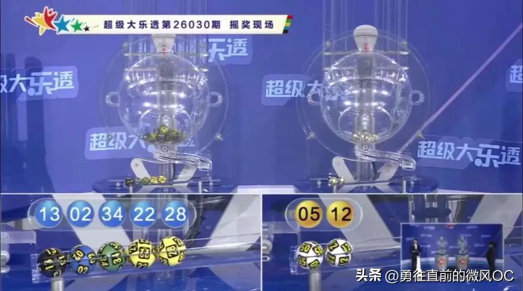 超级大乐透第 26030 期的摇奖现场。前区开出号码为02、13、22、28、3
