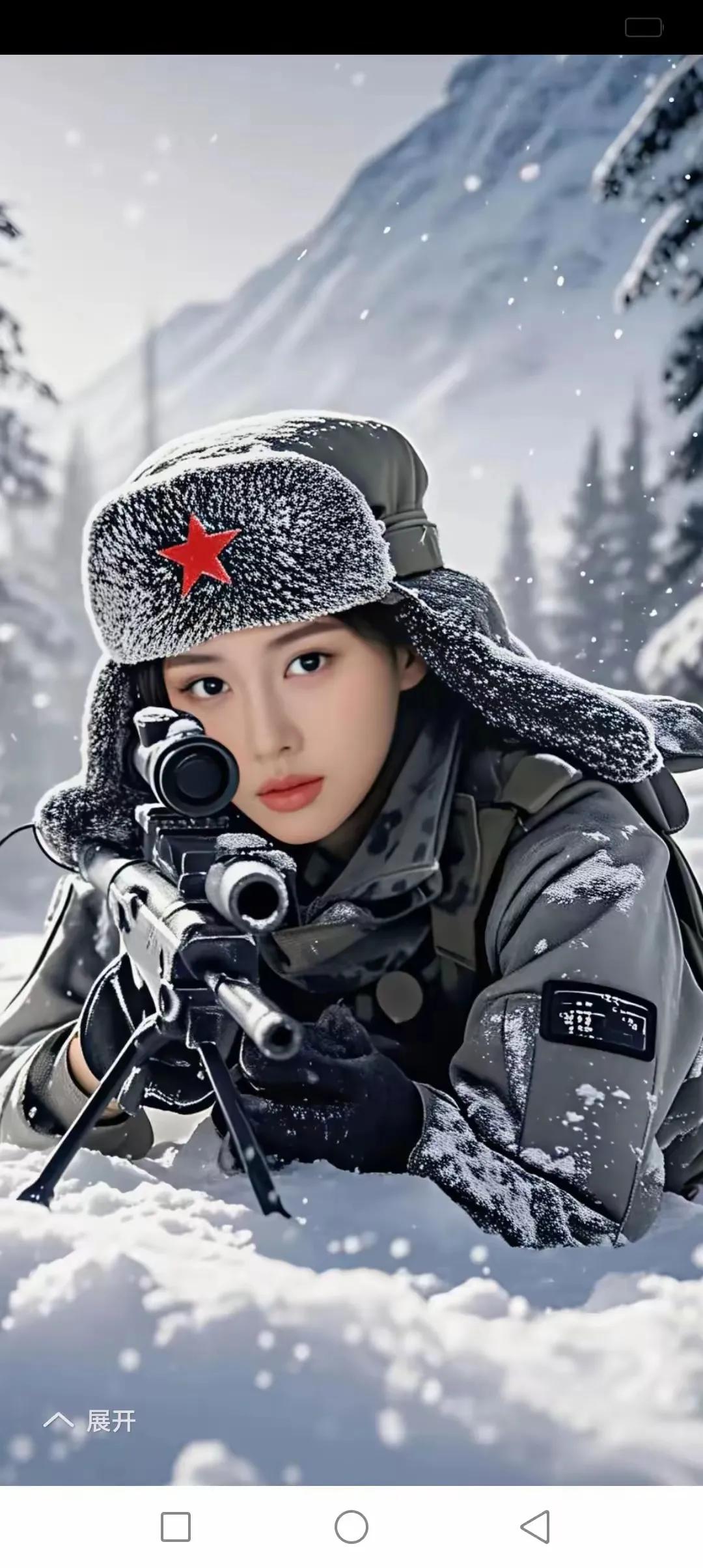 这女兵爬冰卧雪，戴的是红五星，用的是现代自动步枪，如果当年中国工农红军有这么好的