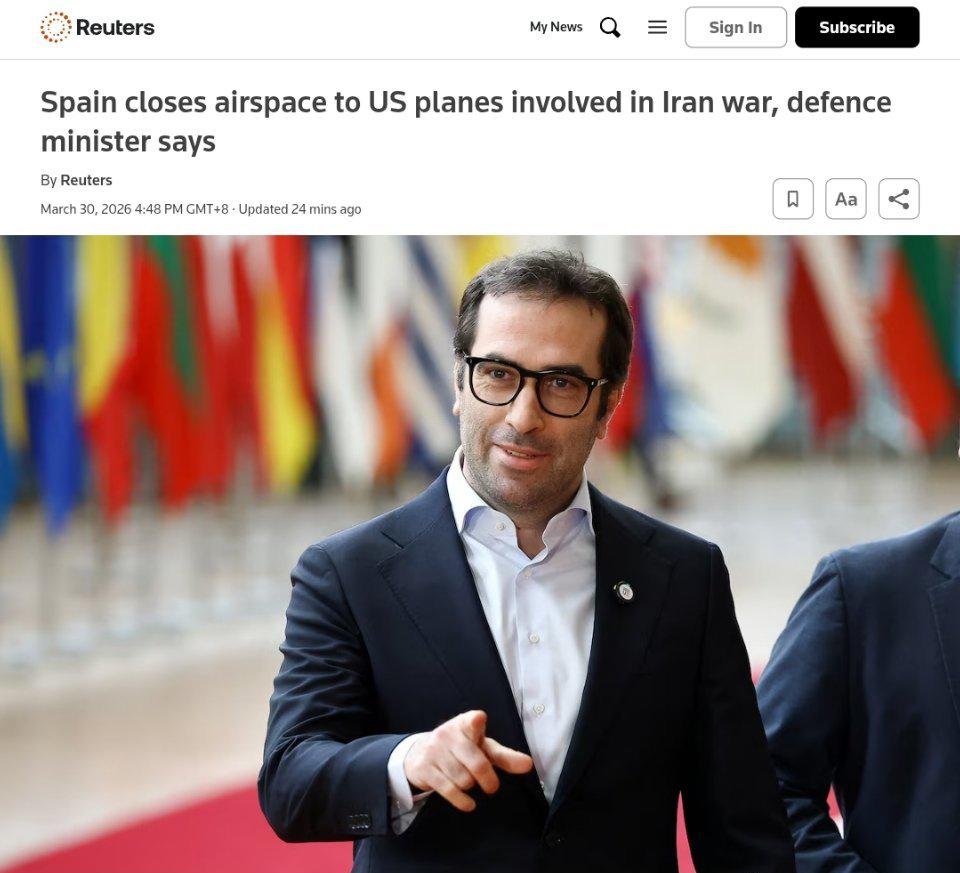 3月30日，西班牙《国家报》报道，西班牙政府已决定对所有参与伊朗战争的美军飞机关