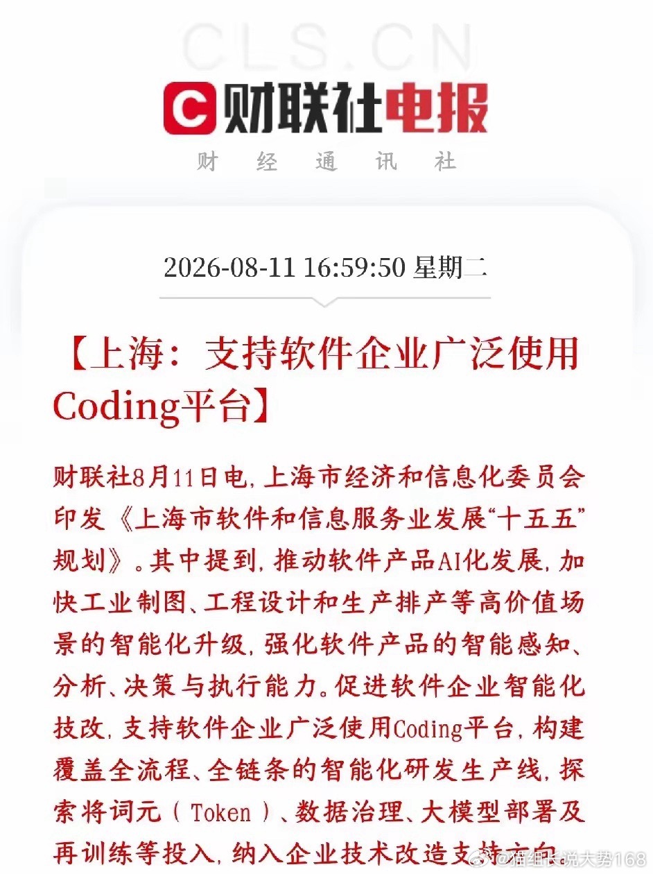 上海新出台十五五软件规划，给AI软硬件双双送上政策利好，核心目标就是实现AI全栈