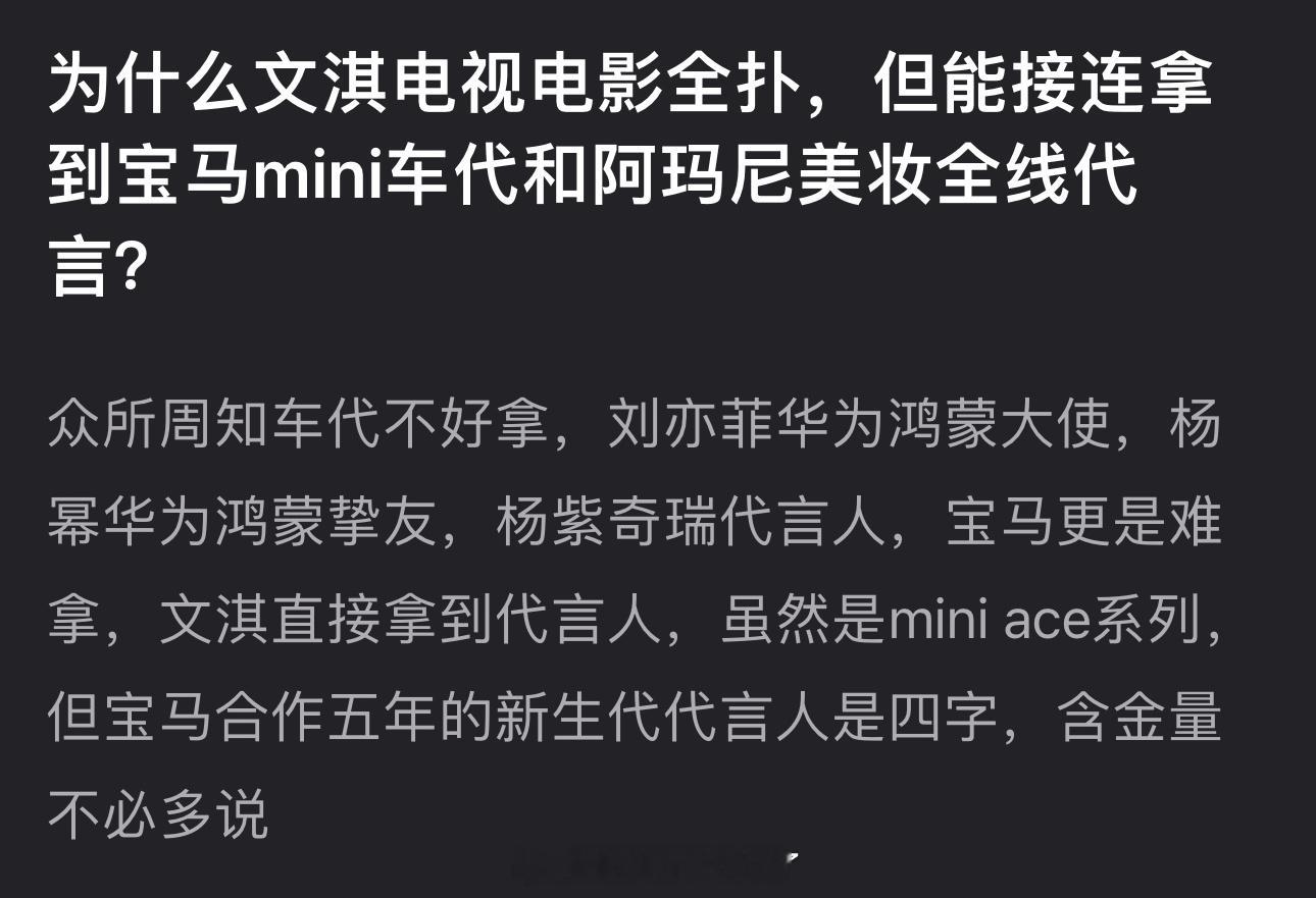 为什么文淇电视电影全扑，但能接连拿到宝马mini车代和阿玛尼美妆全线代言？ ​​