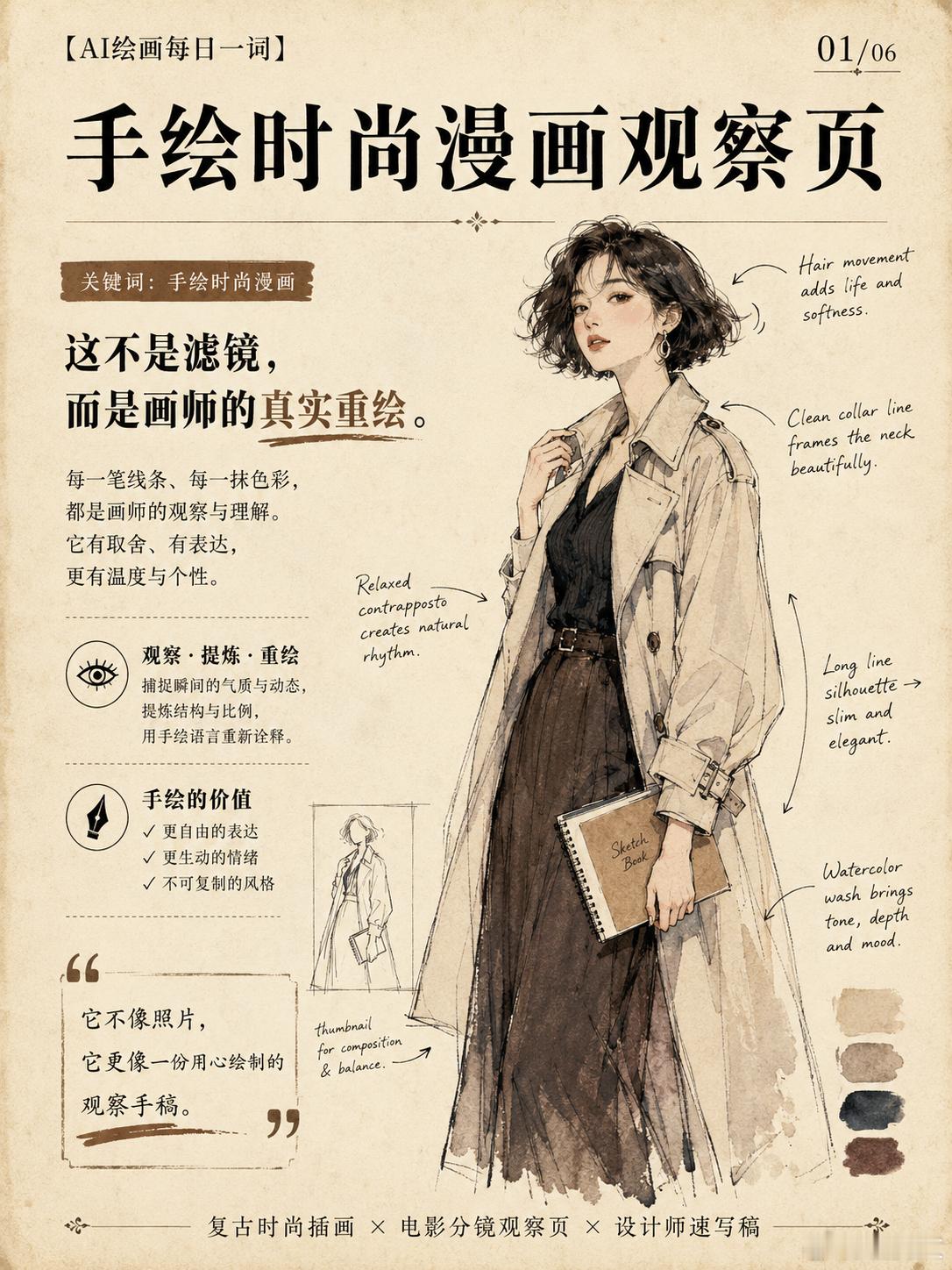 【AI绘画每日一词】手绘时尚漫画观察页今天这个词，特别适合想把一张普通照片，变成