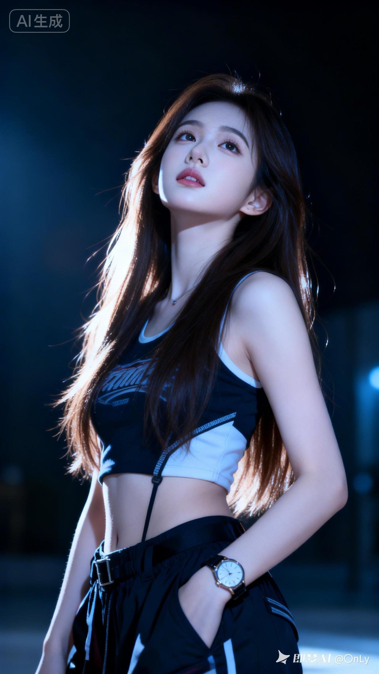 冰蓝浪漫，冷暖交织，光影强烈。20岁冷白皮鹅蛋脸少女，棕长直及腰，现代街头嘻哈穿