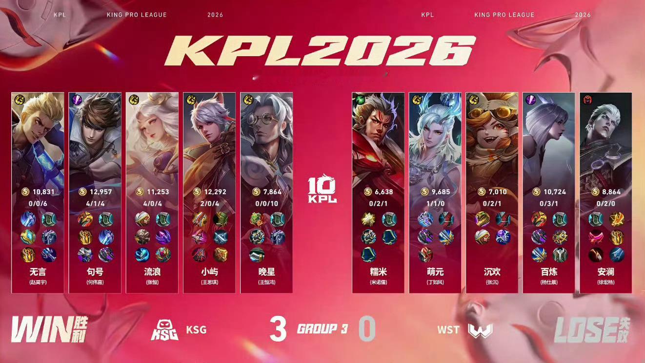 句号赵云超强输出2026KPL夏季赛 常规赛第一轮W3D4KSG战胜WST【KS