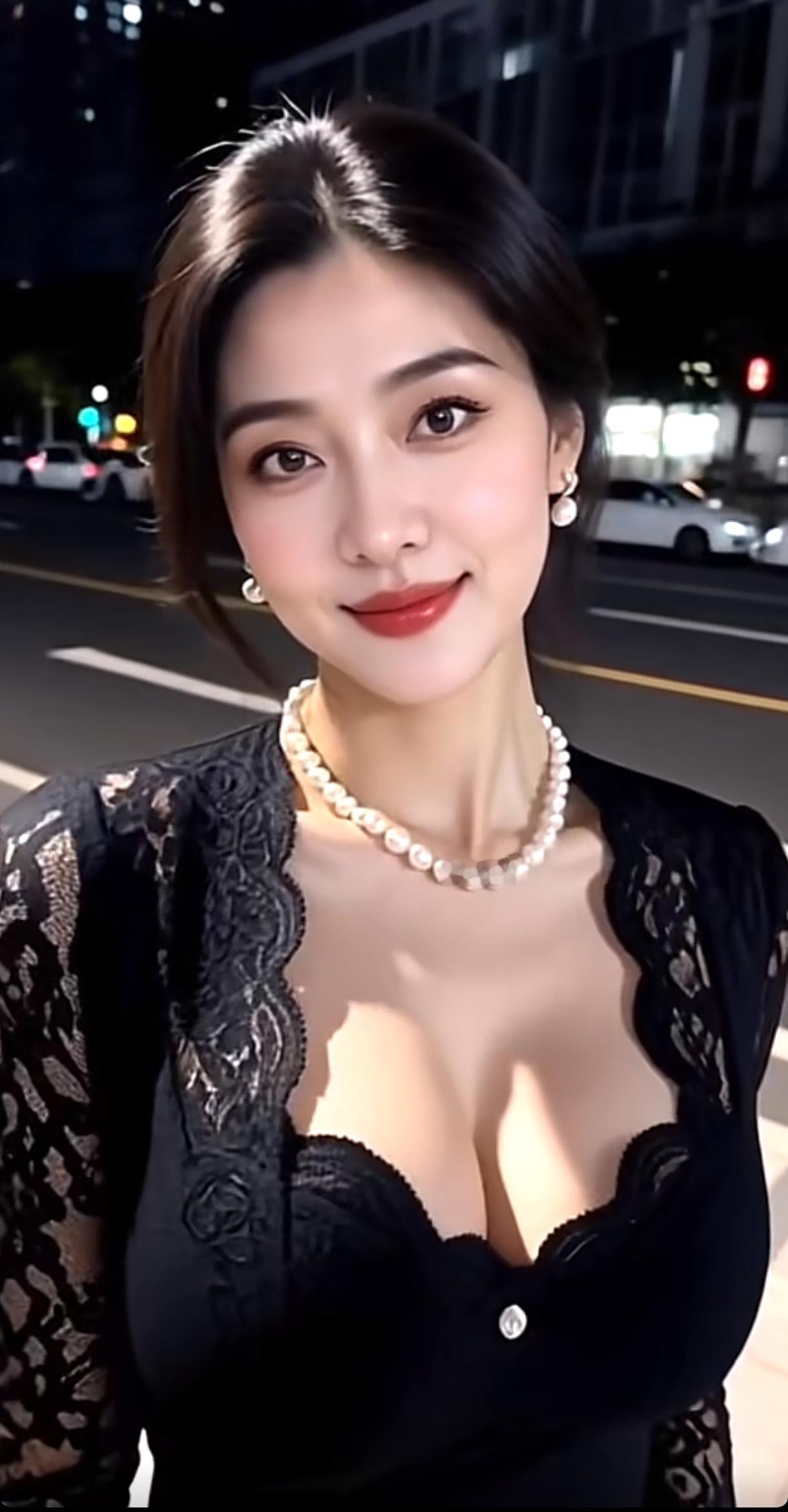 都市夜景下的优雅女神，珍珠项链与黑色蕾丝装完美搭配，散发迷人魅力。分享一下你随手