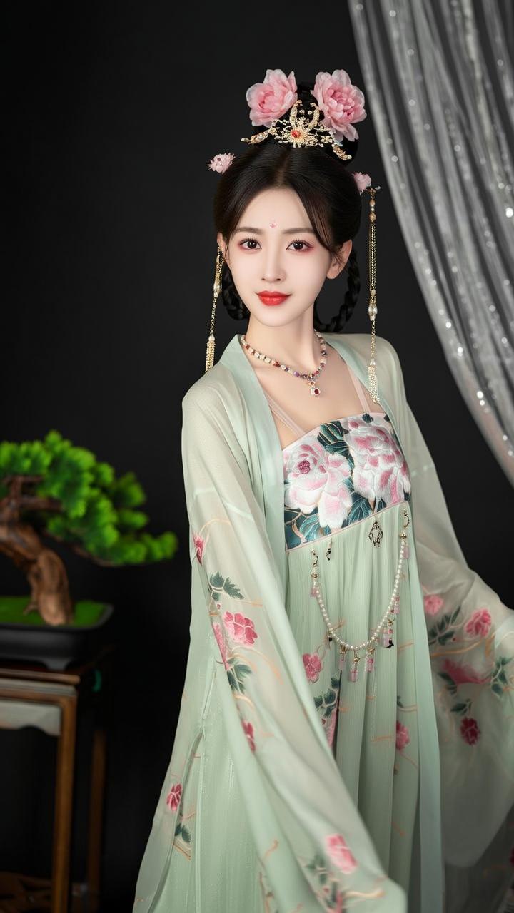 古典美人，花冠点缀，红唇轻启，古风韵味十足。