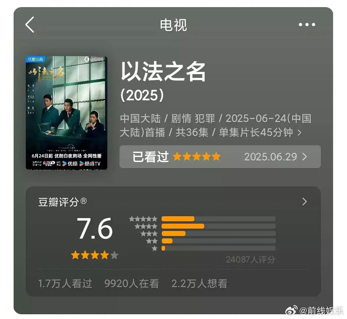 以法之名开分7.6，这部剧口碑是真不错，你觉得高了还是低了 ​​​