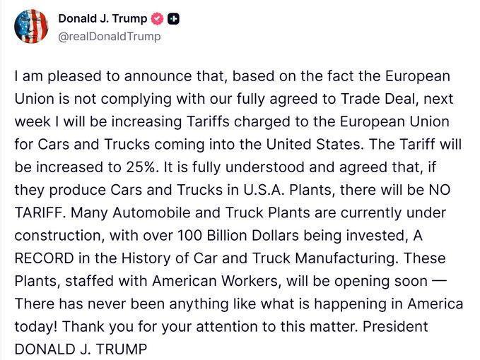特朗普重磅宣布：欧盟汽车关税上调至25%！

美国总统特朗普今日发声：鉴于欧盟未
